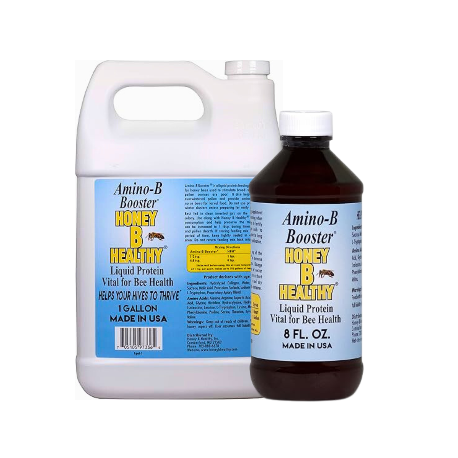 Two bottles of Amino-B Booster Honey B Healthy Liquid Protein on a white background