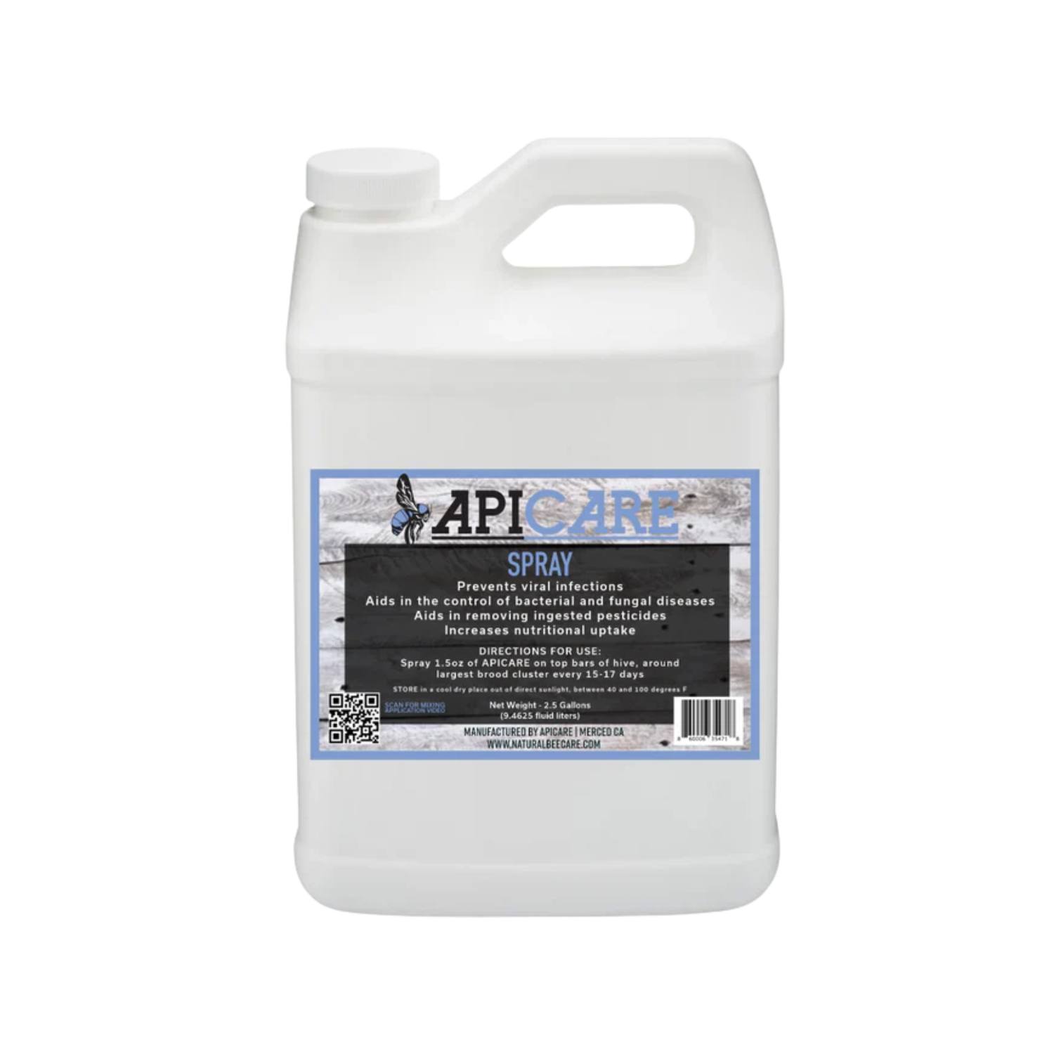 A white plastic jug of ApiCare Spray pesticide with a detailed blue, black, and white label on a plain white background.