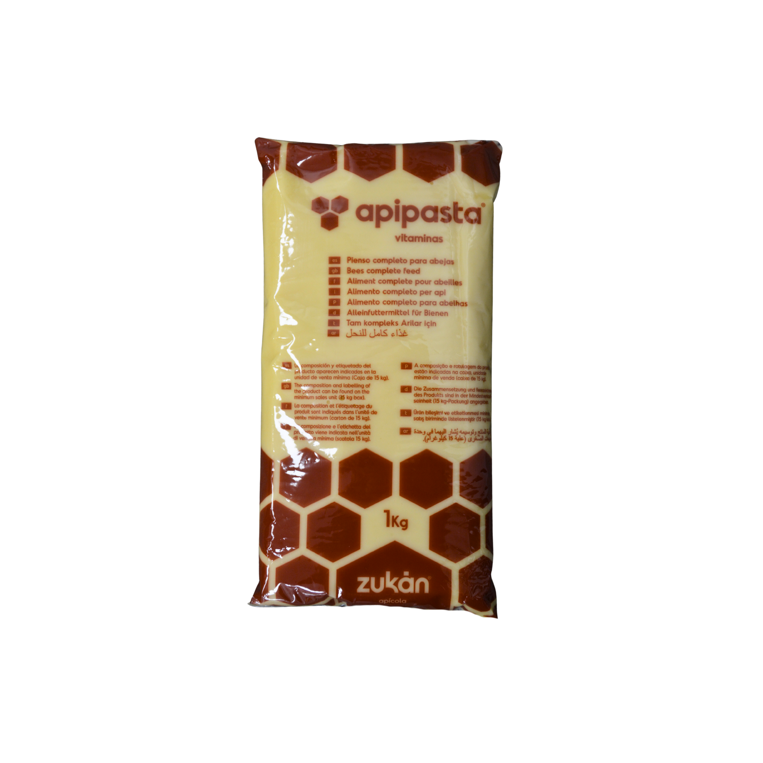 A 1 kg plastic pouch of Apipasta bee feed, featuring a red honeycomb design and labeled with “apipasta – proteins & vitamins” and the Zukán brand logo.