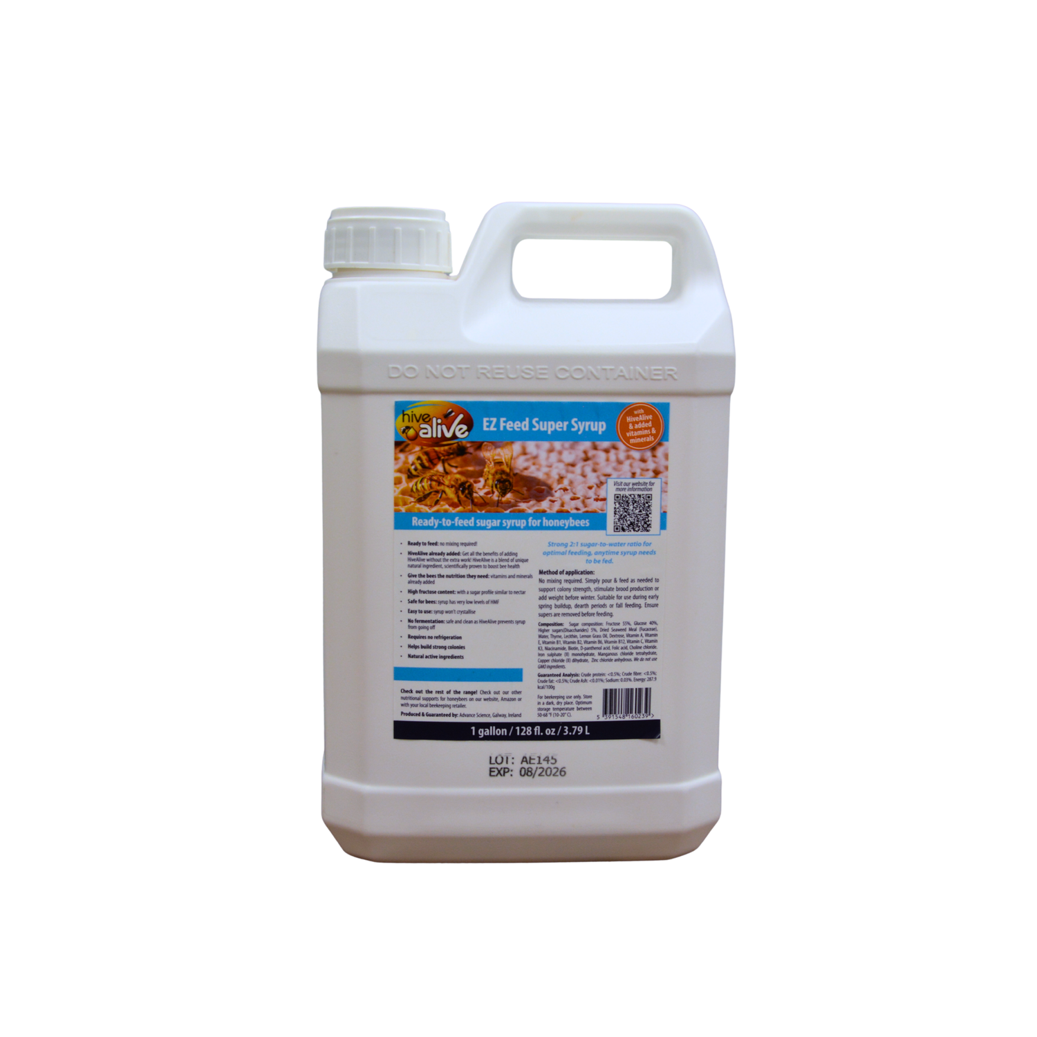 Small, white container with a HiveAlive EZ Feed Super Syrup label on a white background