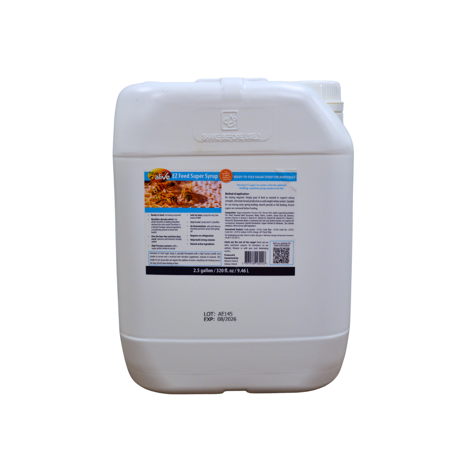 Large, white container with a HiveAlive EZ Feed Super Syrup label on a white background