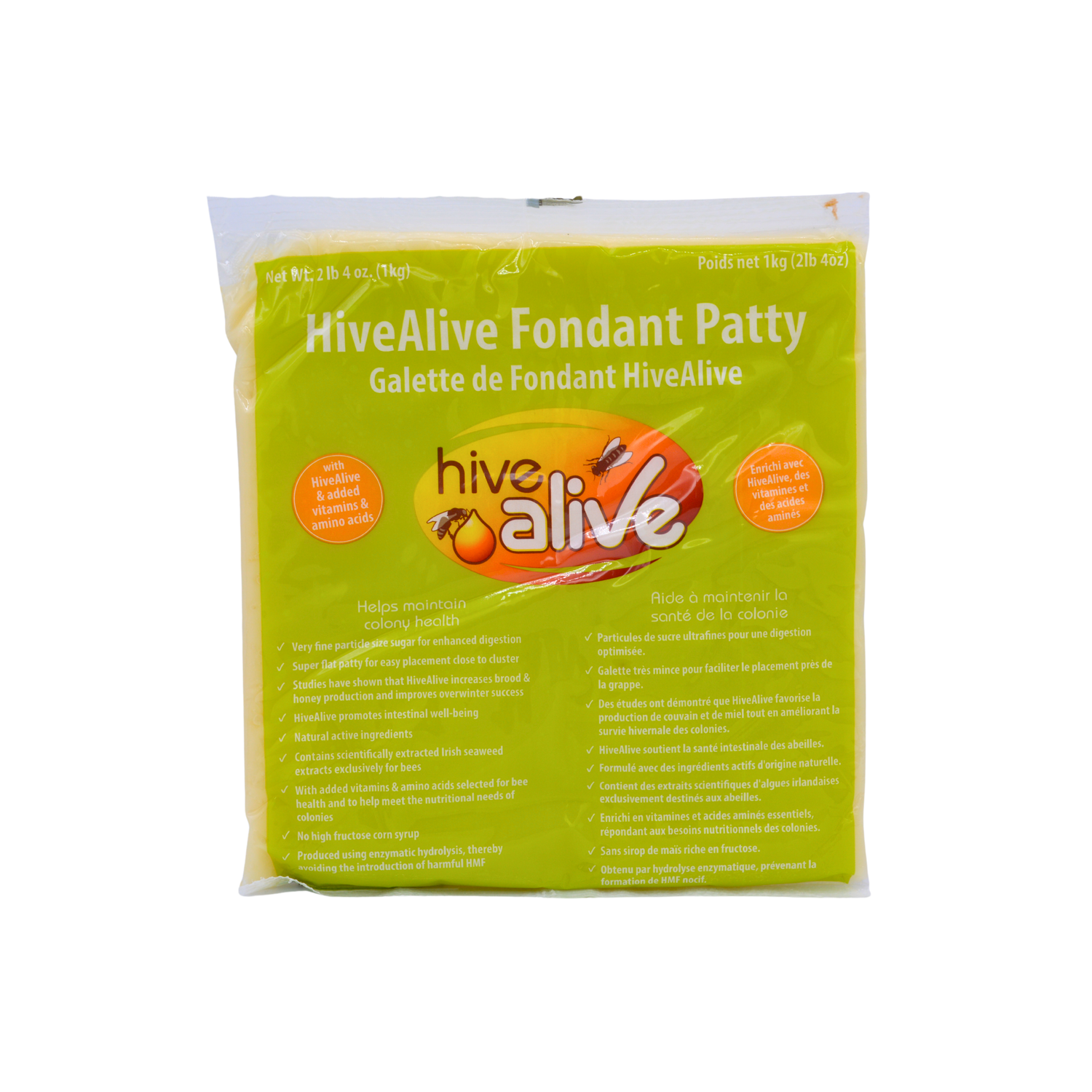 A package of HiveAlive Fondant Patty in clear packaging with HiveAlive branding on a white background