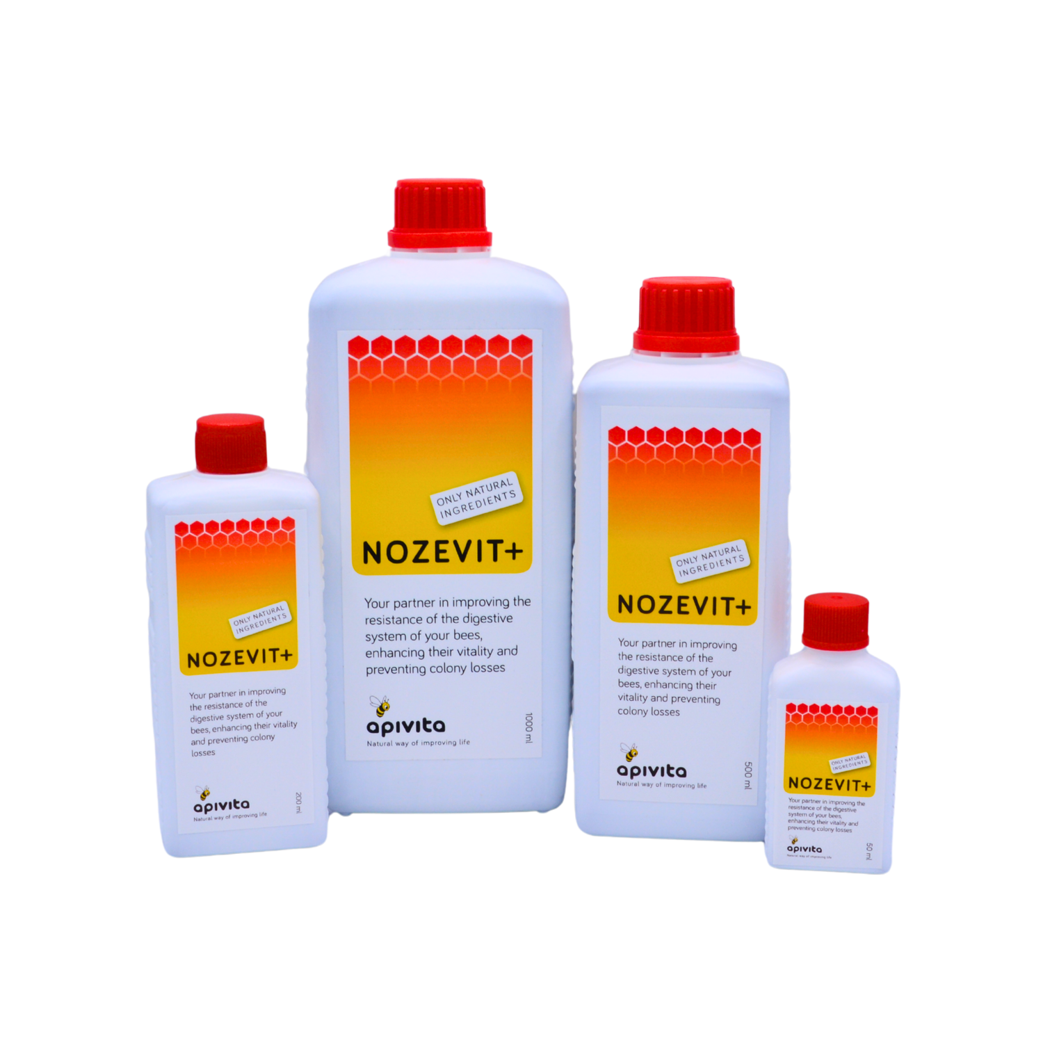 Four bottles of NOZEVIT+ with red caps on a white background