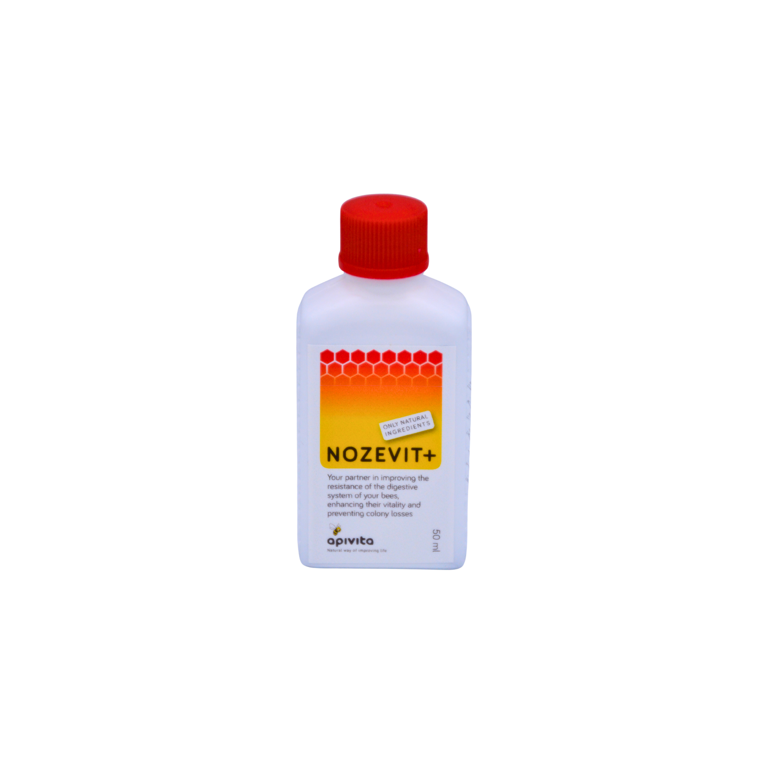 Bottle of NOZEVIT+ with a red cap on a white background