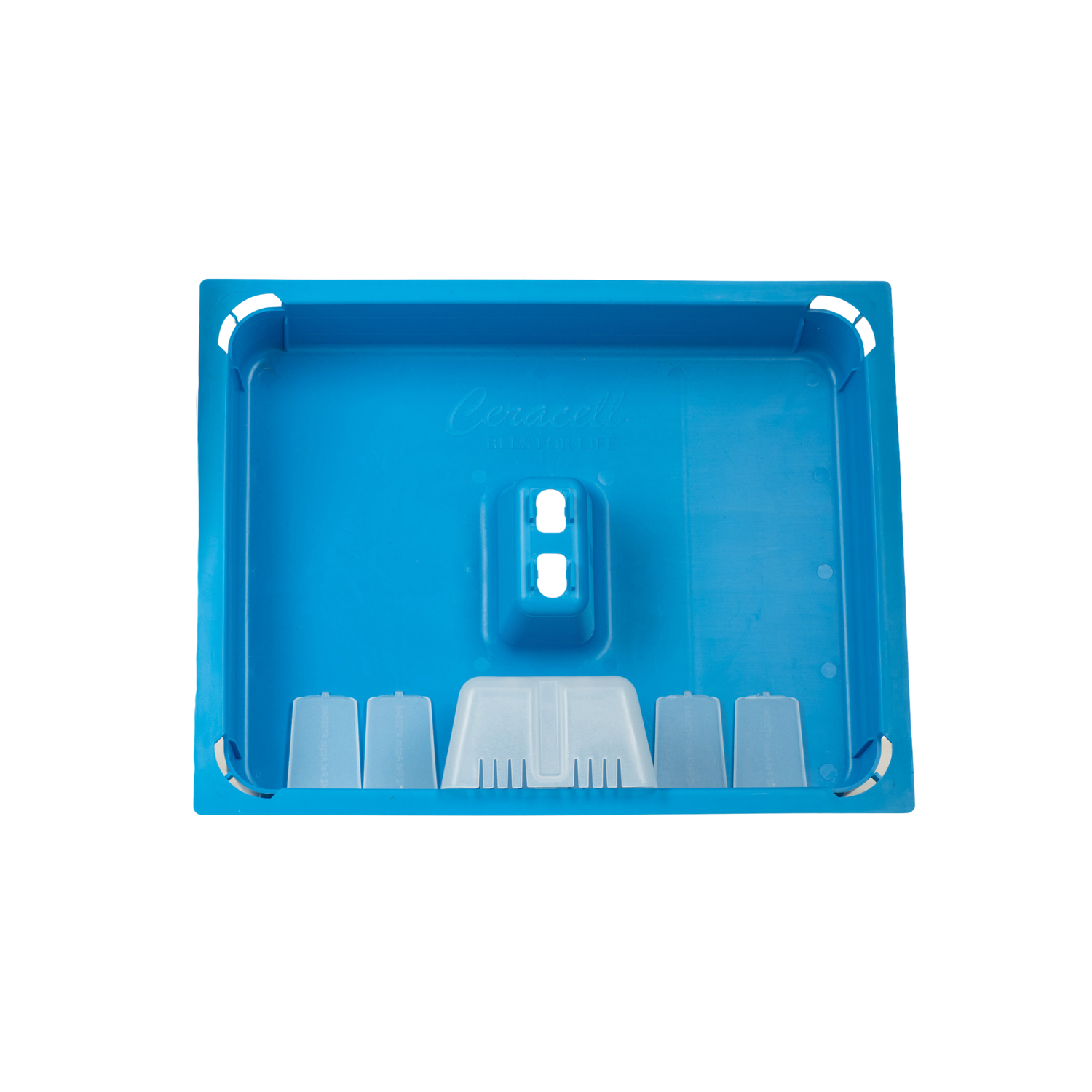 A blue top feeder with a patented corner access system, accompanied by corner caps and a chimney on a white background