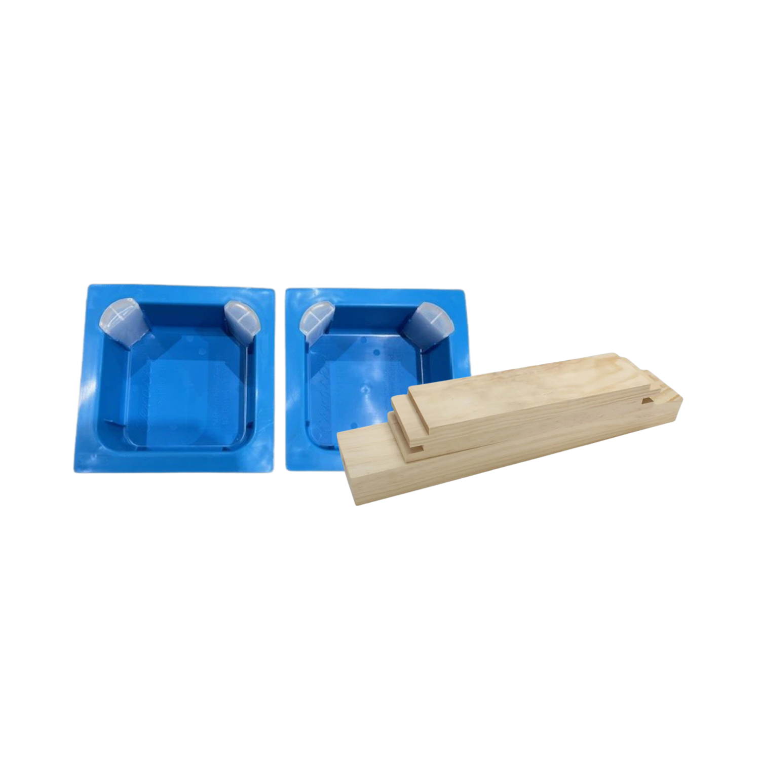 Two blue plastic feeders with the unassembled wooden rim on a white background