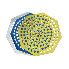 Three octagonal perforated bee pontoons in yellow, blue, and white on a white background