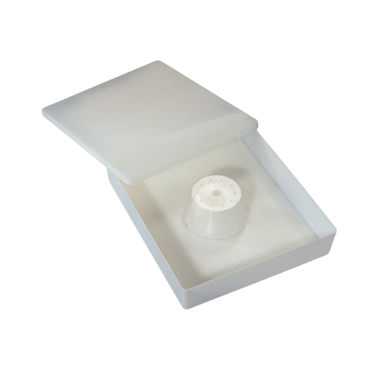 A plastic top feeder to be placed inside a bee hive on a white background
