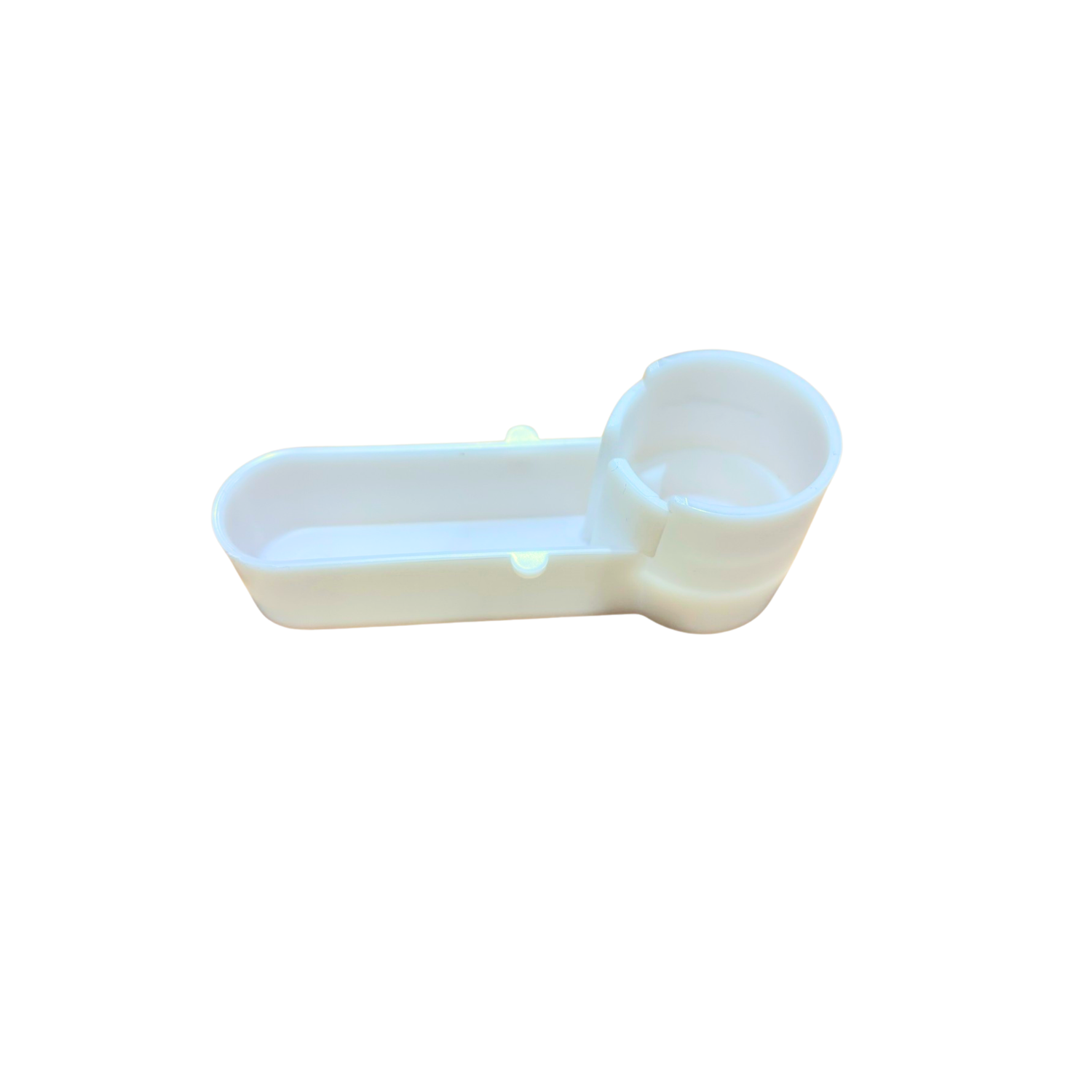 White plastic internal hive feeder with an attached round cup, designed to hold sugar syrup inside a beehive.