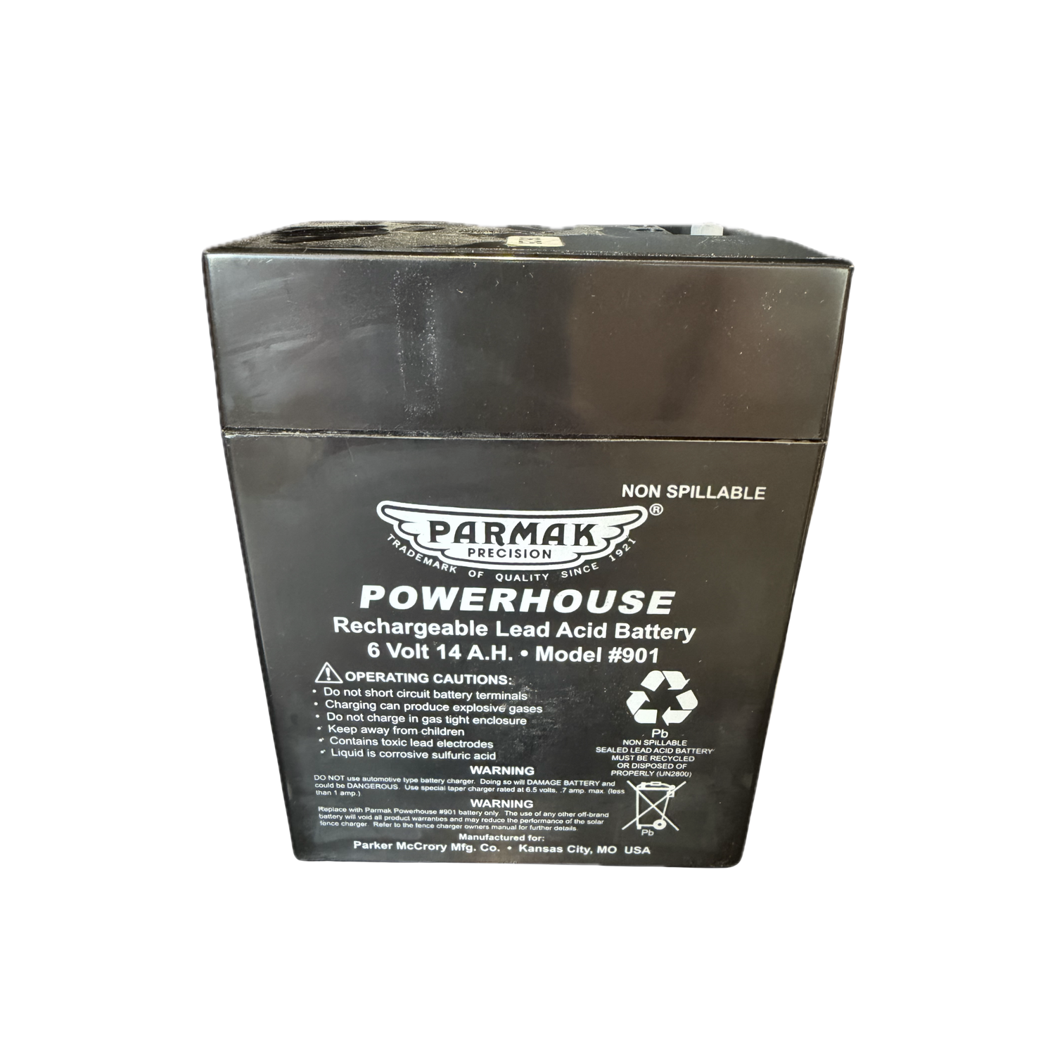 A black rechargeable lead acid battery with white lettering on a white background