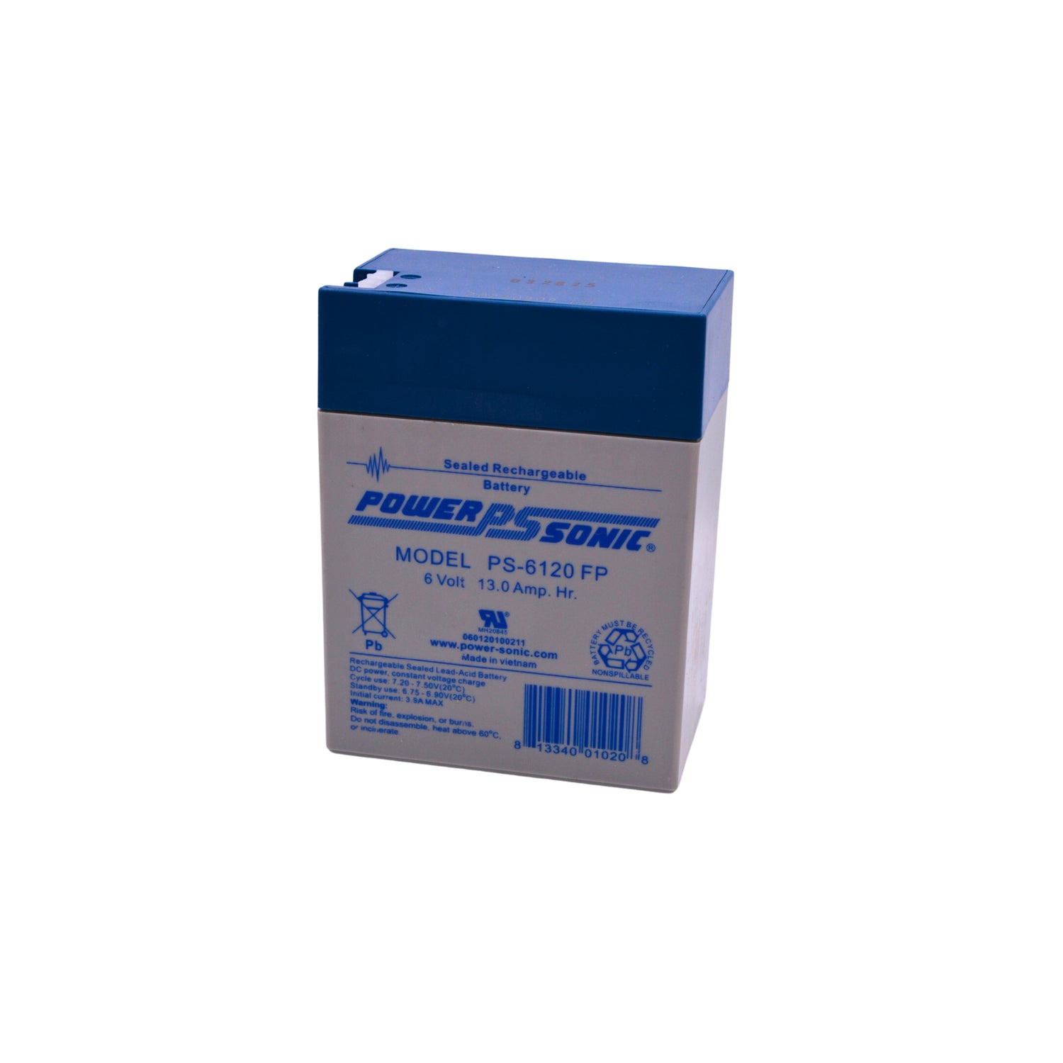 A gray rechargeable battery with blue accents on a white background