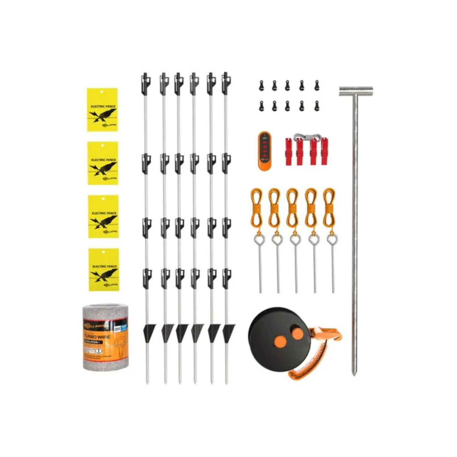 Collection of fencing equipment including wire, stakes, and caution signs on a white background