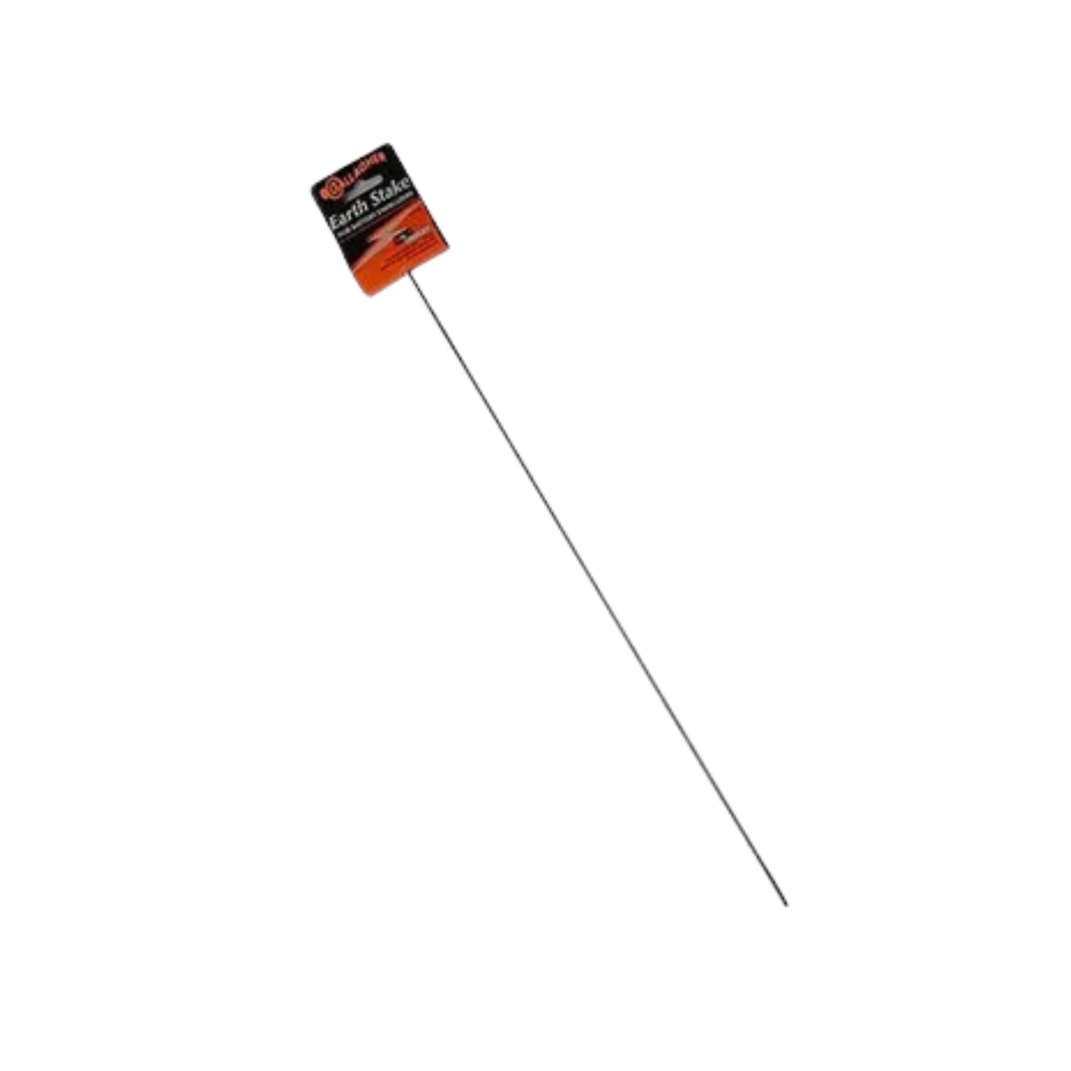 Metal stake with a black and orange label on a white background