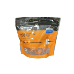 Orange packaging of insulated line post clip with clear window on a white background