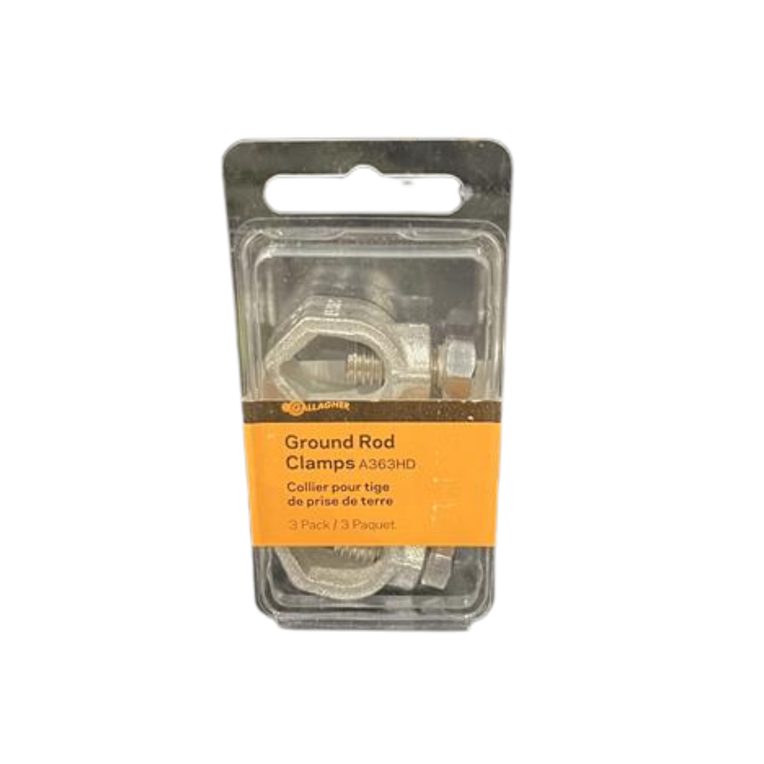 Packaged ground rod clamps with an orange label on a white background