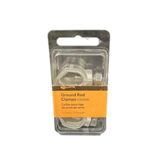 Packaged ground rod clamps with an orange label on a white background