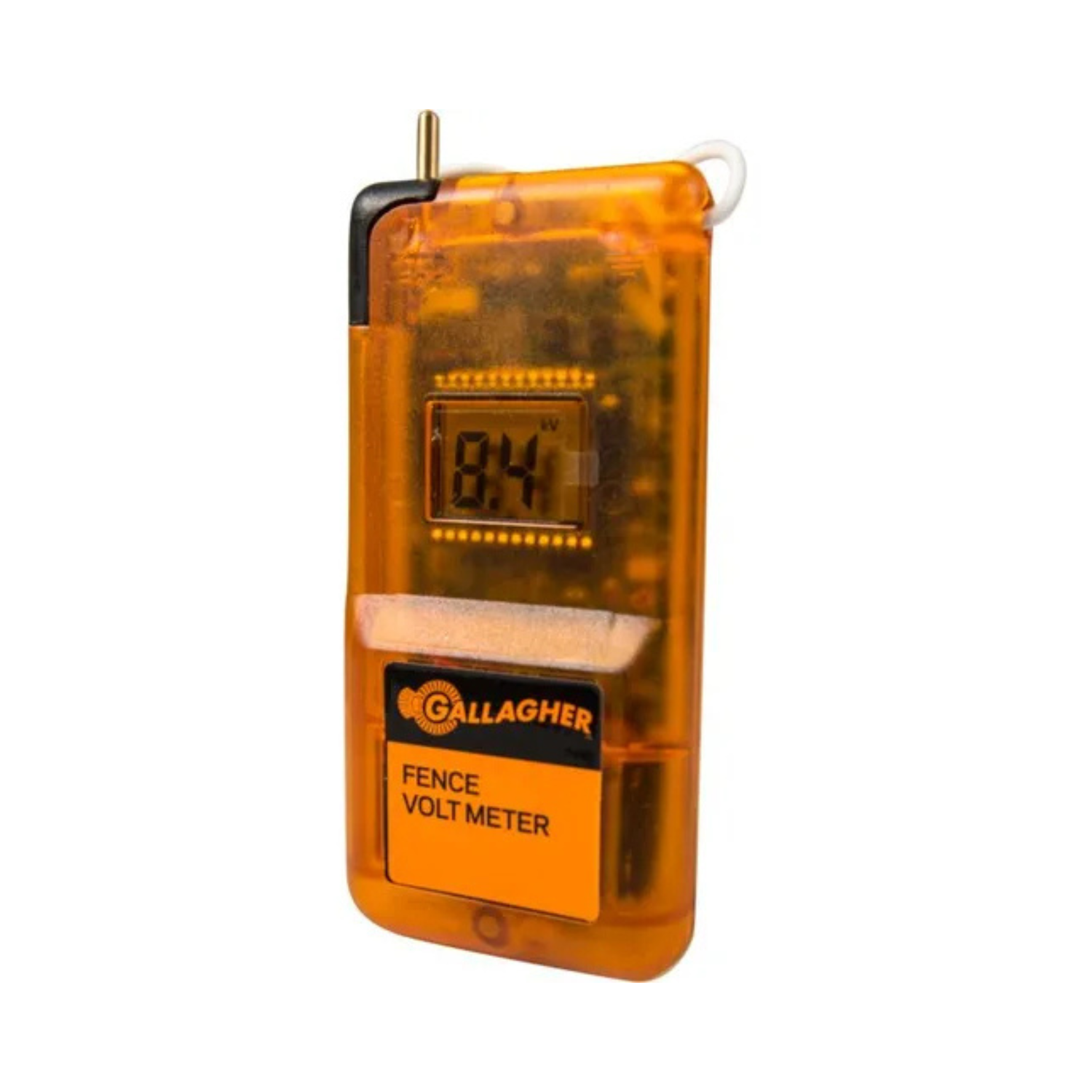 Orange Gallagher fence voltage indicator on a white background