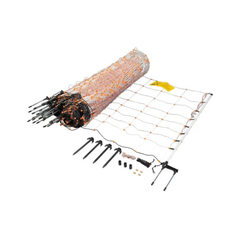 Roll of netting with stakes and connectors on a white background