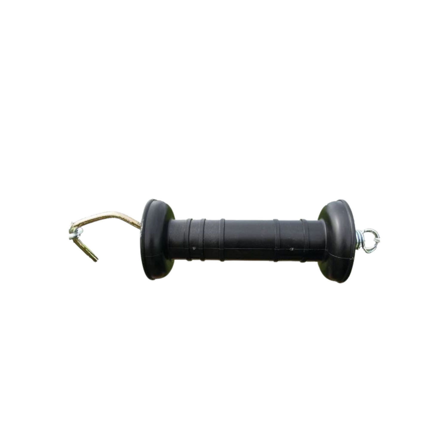 Black plastic gate handle that is fully insulated and features a non-slip grip on a white background