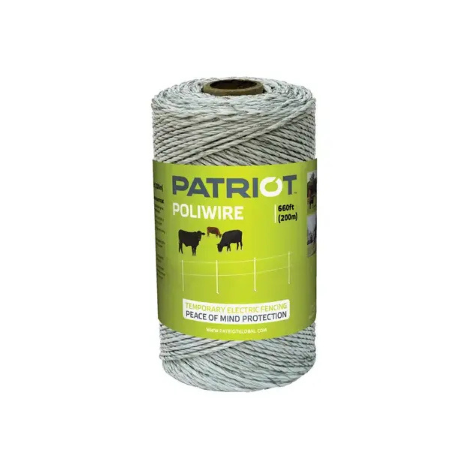 Roll of Patriot Polywire for electric fencing, shown on a cardboard spool with a green label, displaying braided grey polywire and graphics of livestock to indicate use for temporary electric fence setups.