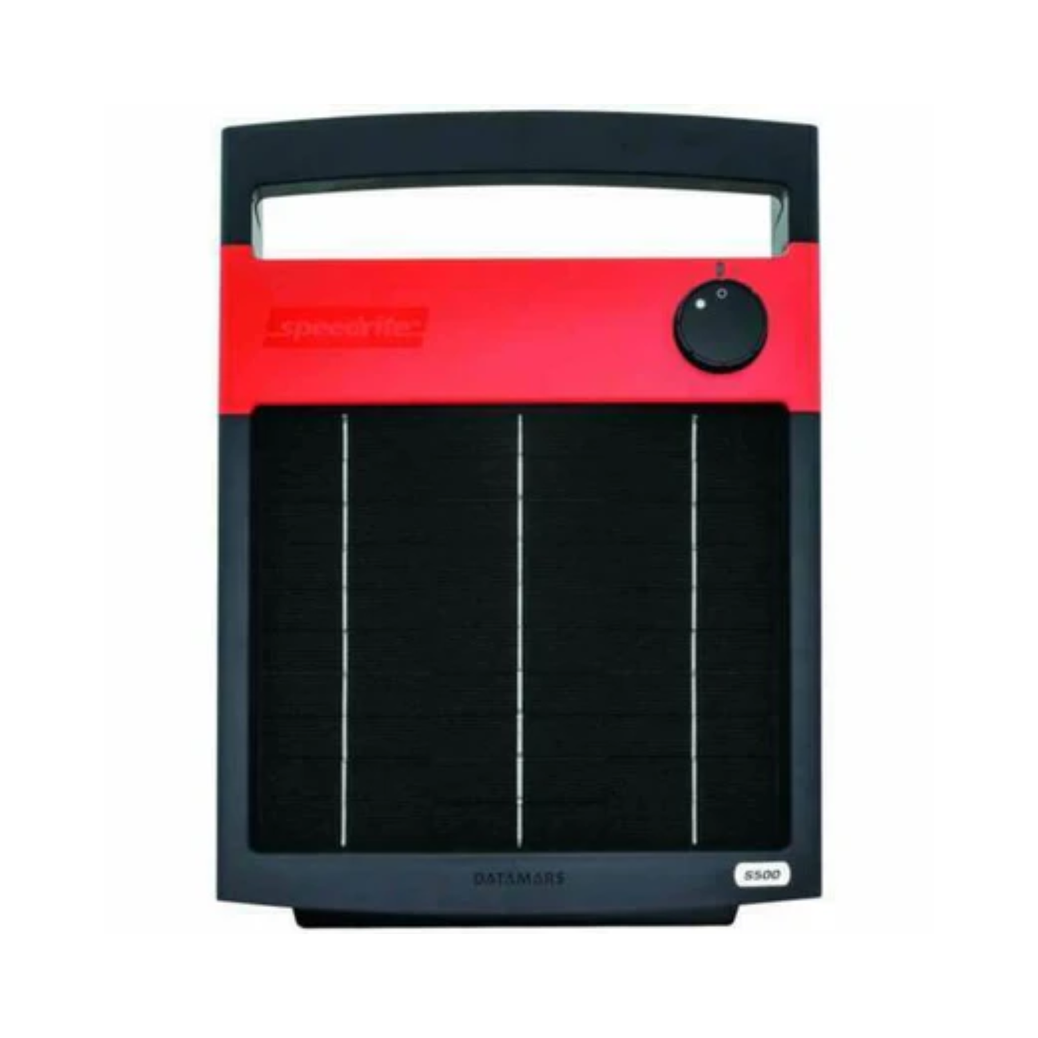 A black and red, compact, portable solar-powered fence energizer with a built-in solar panel and rechargeable battery.