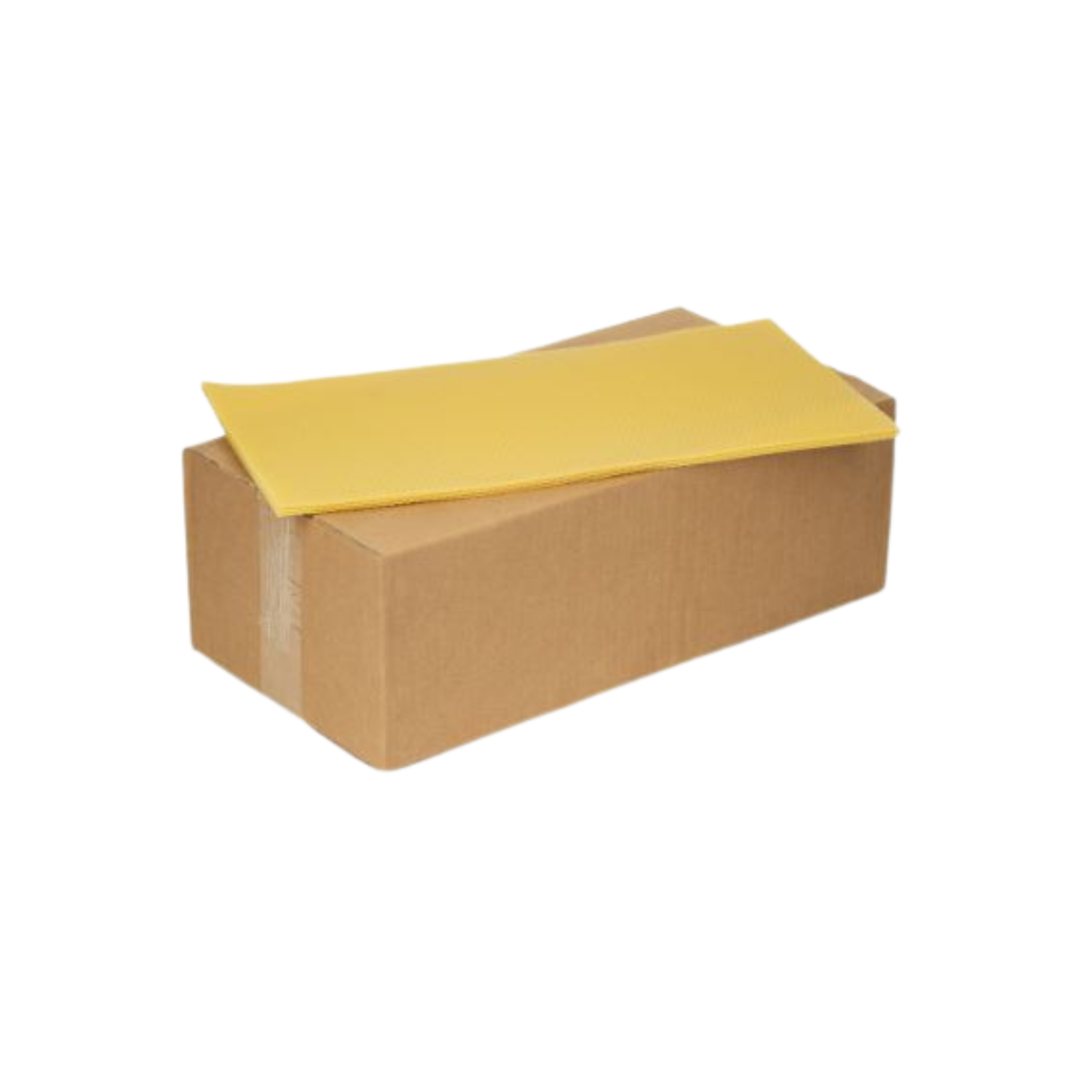 Cardboard box containing flat sheets of yellow beeswax foundation, with one wax sheet partially removed and resting on top of the box.
