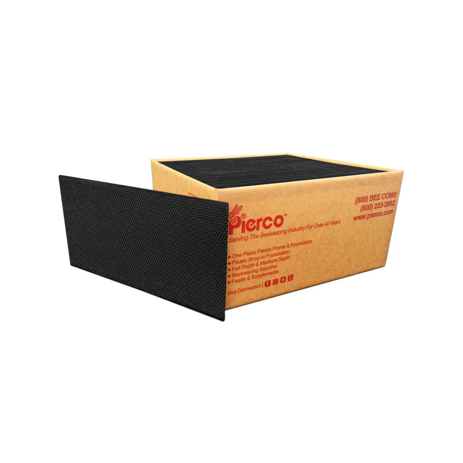 Cardboard box filled with black Pierco plastic foundation sheets, with one sheet removed and standing upright in front of the box to show the textured honeycomb surface.