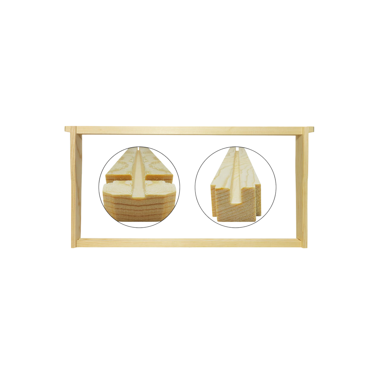 A unassembled wooden frame for beekeeping, with inset images showing the frame's construction details.