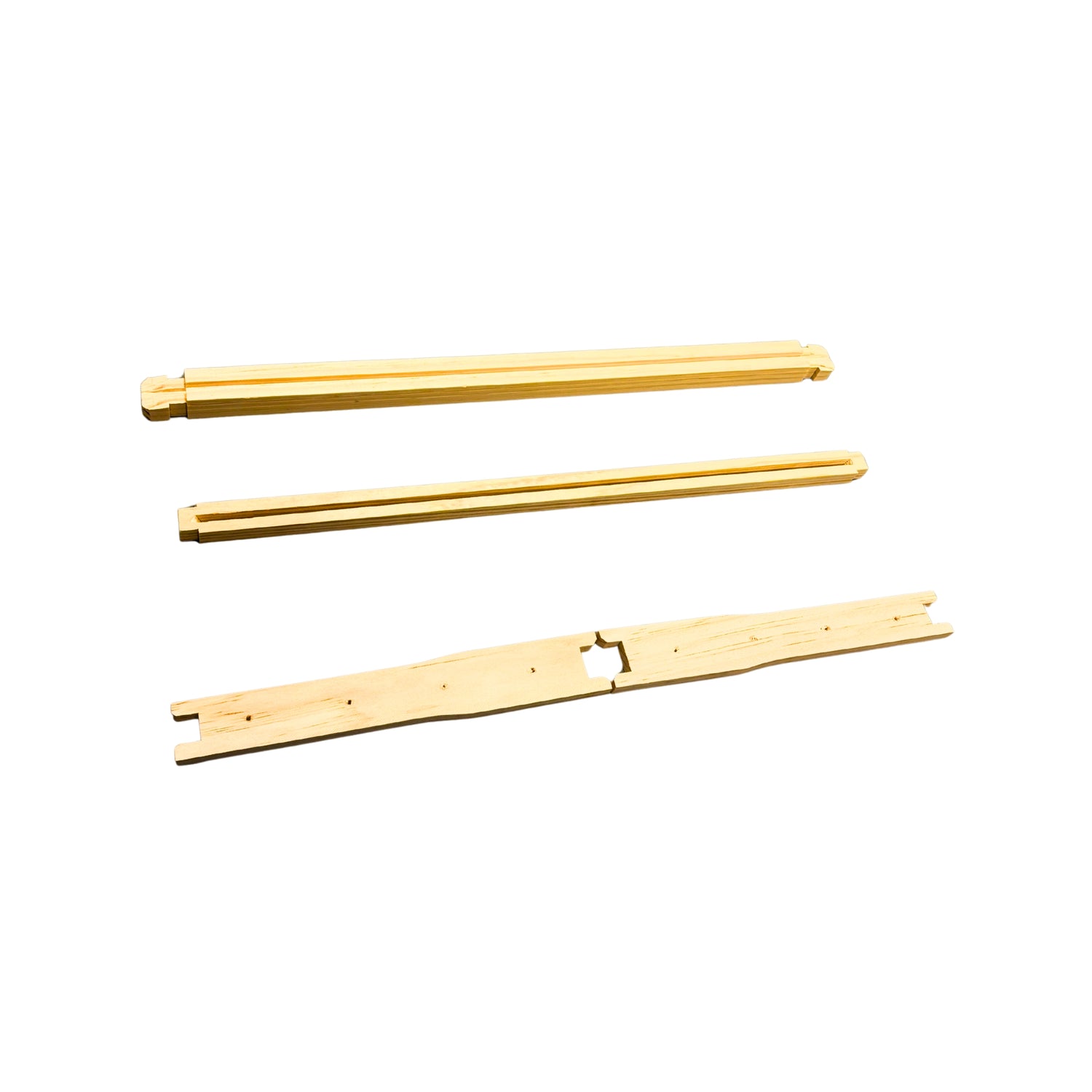An unassembled deep frame used in beekeeping on a white background
