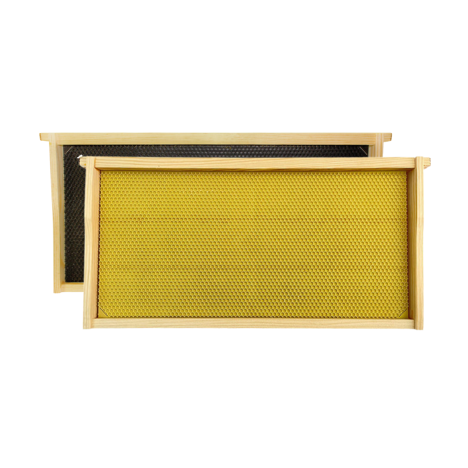 Two assembled wood frames and foundation, used for beekeeping