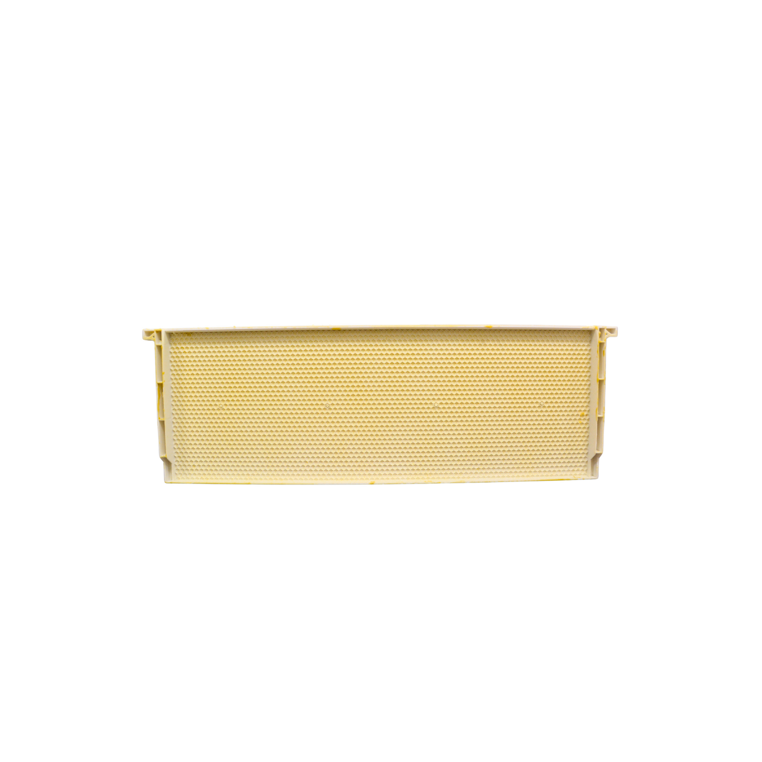 A white wax-coated plastic frame and foundation for beekeeping, designed to fit in a 6 5/8-inch super on a white background. 