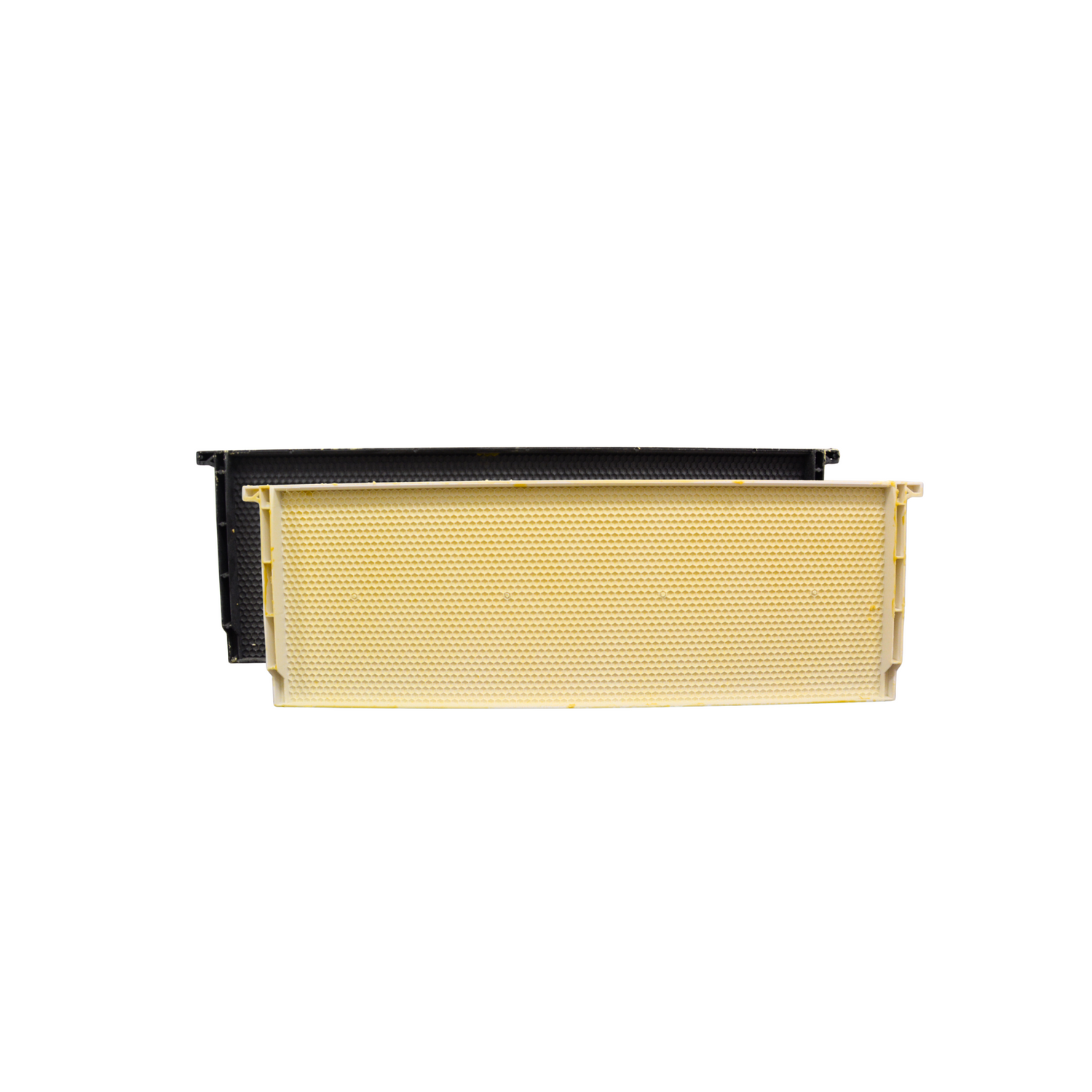 A black and white wax-coated plastic frame and foundation for beekeeping, designed to fit in 6 5/8-inch supers on a white background. 