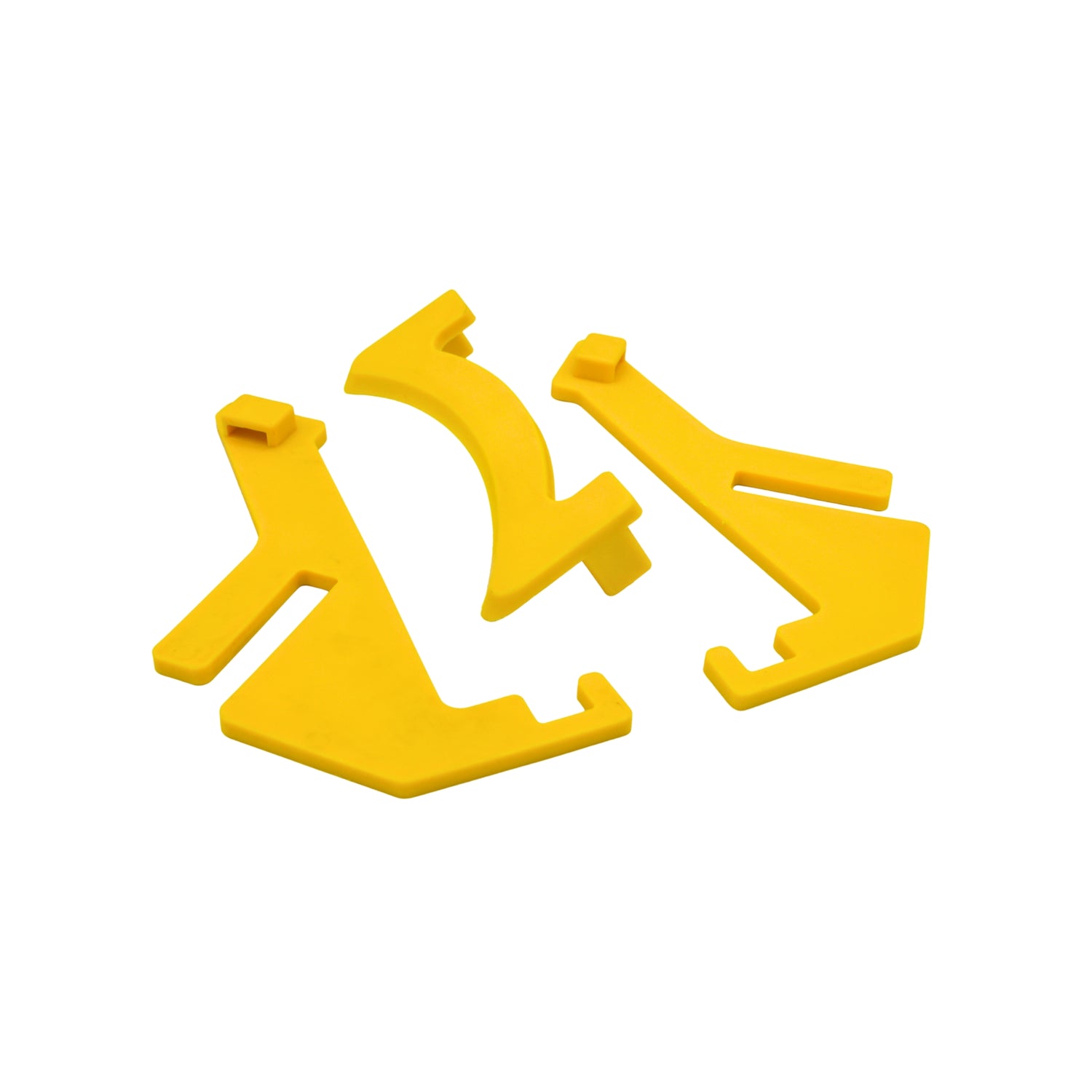 Three yellow plastic pieces used to assemble a plastic frame perch holder on a white background
