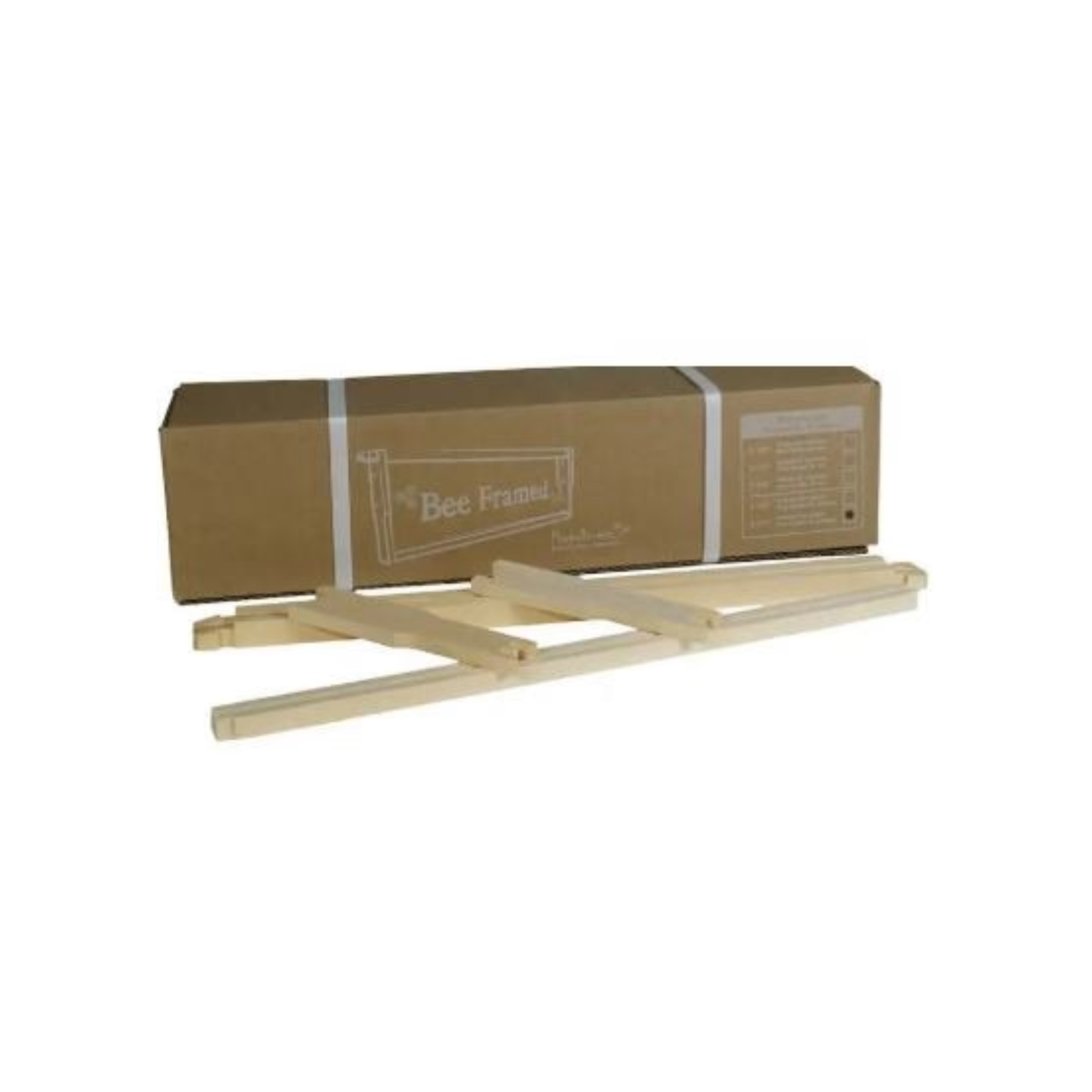 Wooden bee frames with a cardboard box labeled 'Bee Frames' on a white background