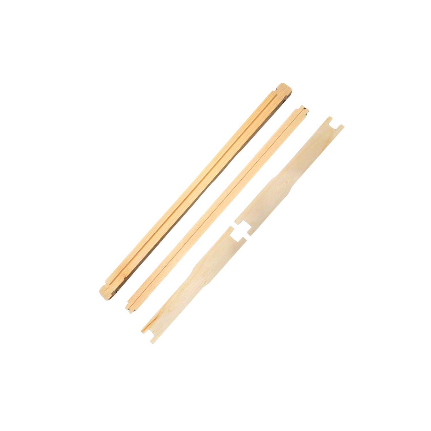 The wooden components of a deep frame used in beekeeping on a white background