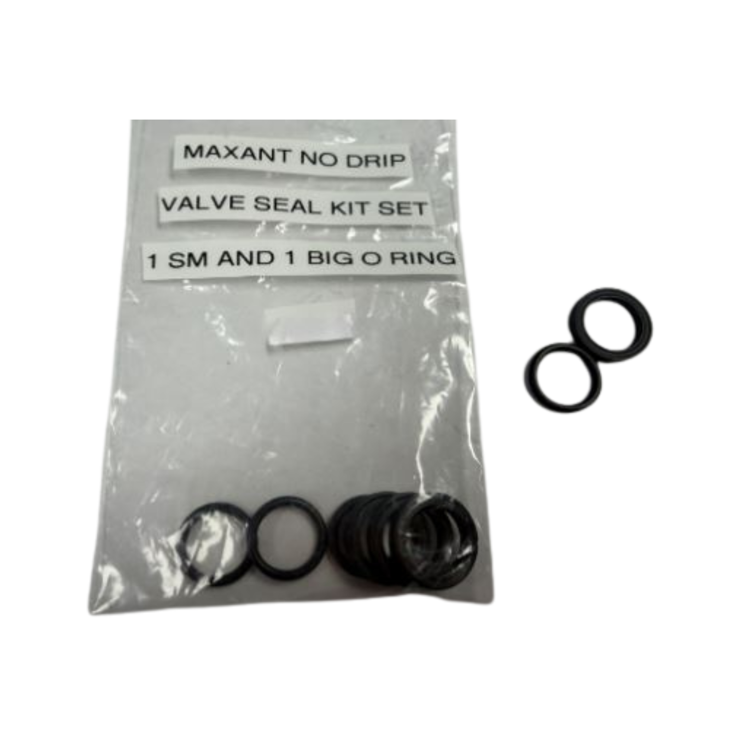 Clear plastic bag labeled “Maxant No Drip Valve Seal Kit Set” containing black rubber O-rings, with additional O-rings shown beside the bag on a white background
