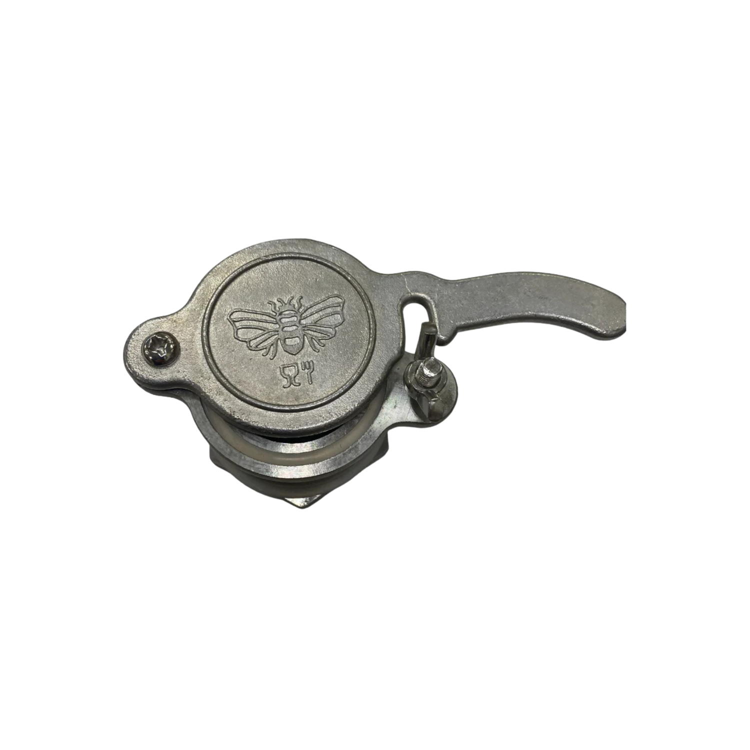 Metallic wingnut valve with a honeybee design on a white background