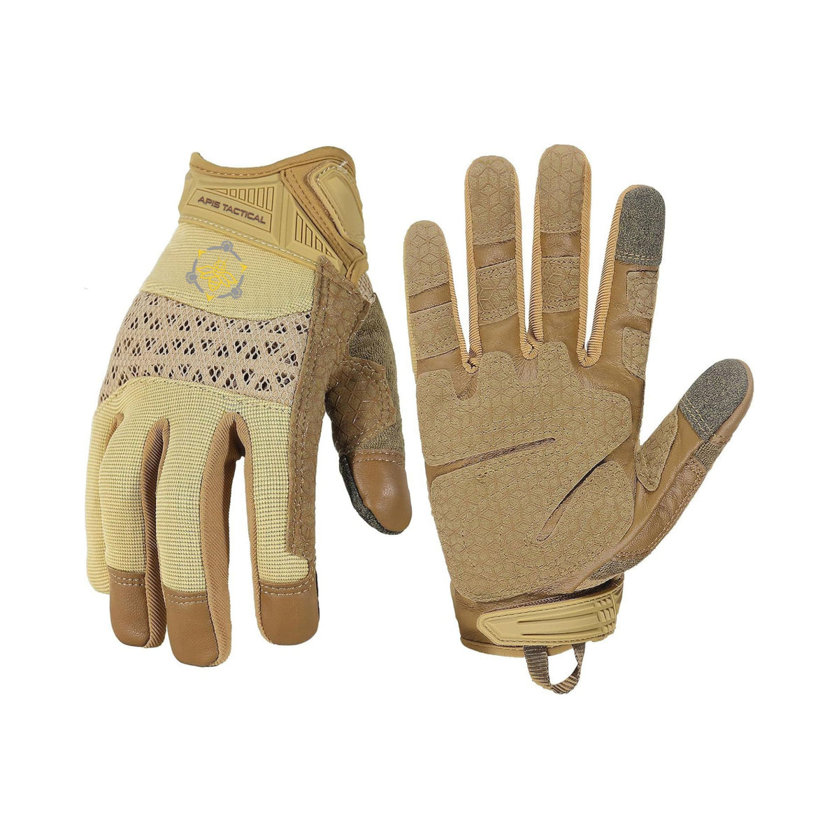 A pair of brown and yellow gloves with Apis Tactical branding on a white background