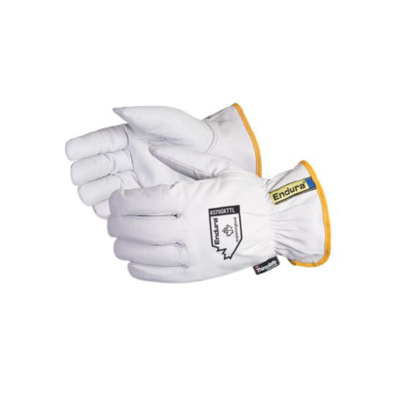 Pair of white leather work gloves with reinforced stitching, elasticized wrists, and yellow trim labeled “Endura” on the cuff.