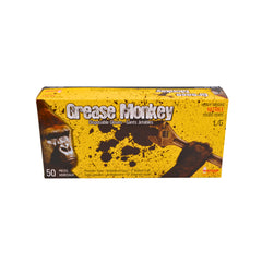 A box of large Grease Monkey disposable gloves featuring a bright yellow packaging design with a gorilla illustration and a wrench graphic.