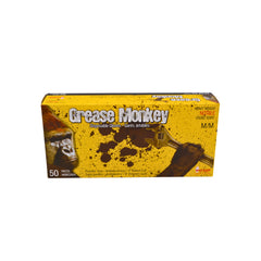 A box of medium Grease Monkey disposable gloves featuring a bright yellow packaging design with a gorilla illustration and a wrench graphic.