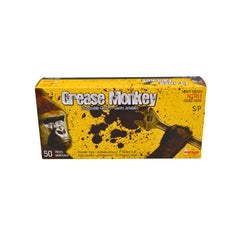 A box of small Grease Monkey disposable gloves featuring a bright yellow packaging design with a gorilla illustration and a wrench graphic.
