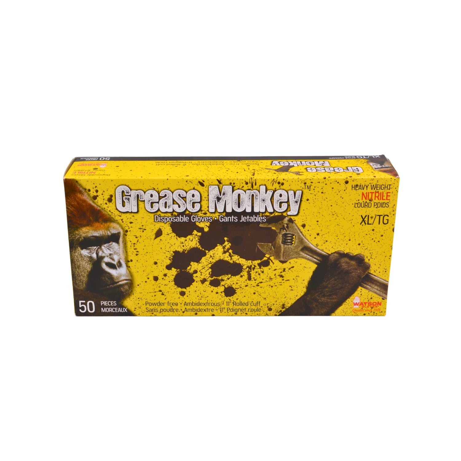 A box of extra large Grease Monkey disposable gloves featuring a bright yellow packaging design with a gorilla illustration and a wrench graphic.
