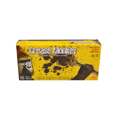 A box of extra large Grease Monkey disposable gloves featuring a bright yellow packaging design with a gorilla illustration and a wrench graphic.