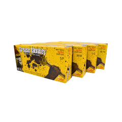 Four yellow boxes of Grease Monkey disposable gloves arranged in a staggered row on a plain white background.