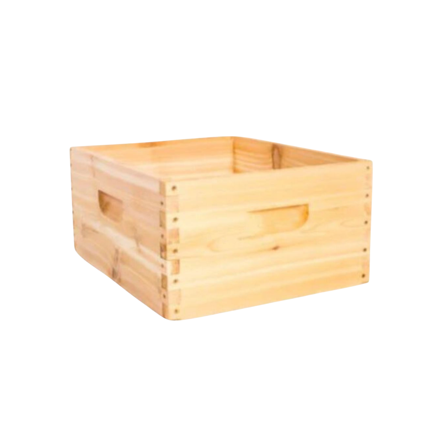 An unassembled Langstroth beehive made of Western Red Cedar, with visible corner joints and spaces for bees.