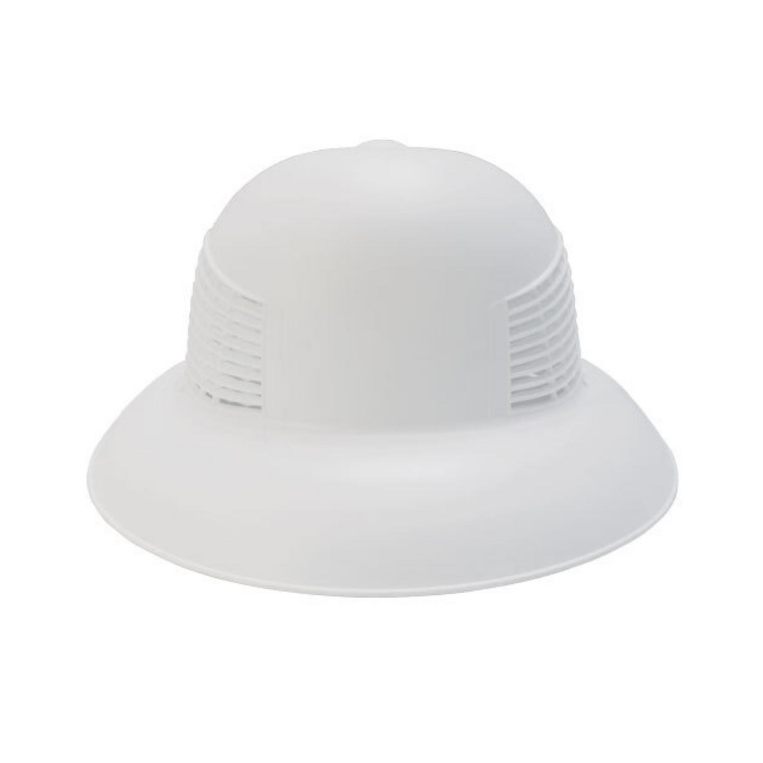 A white plastic helmet-style hat with a full wide brim and side louvers, designed for air circulation and a secure fit on a white background