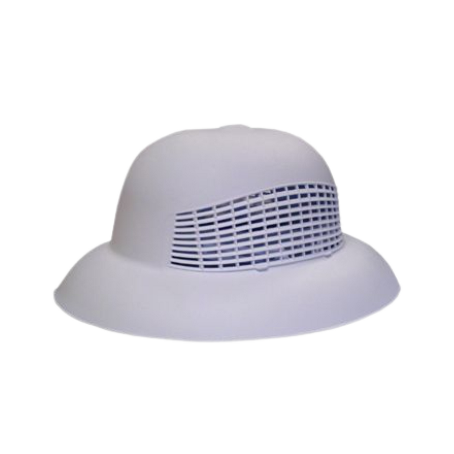 A white plastic helmet-style hat, designed for air circulation and a secure fit on a white background