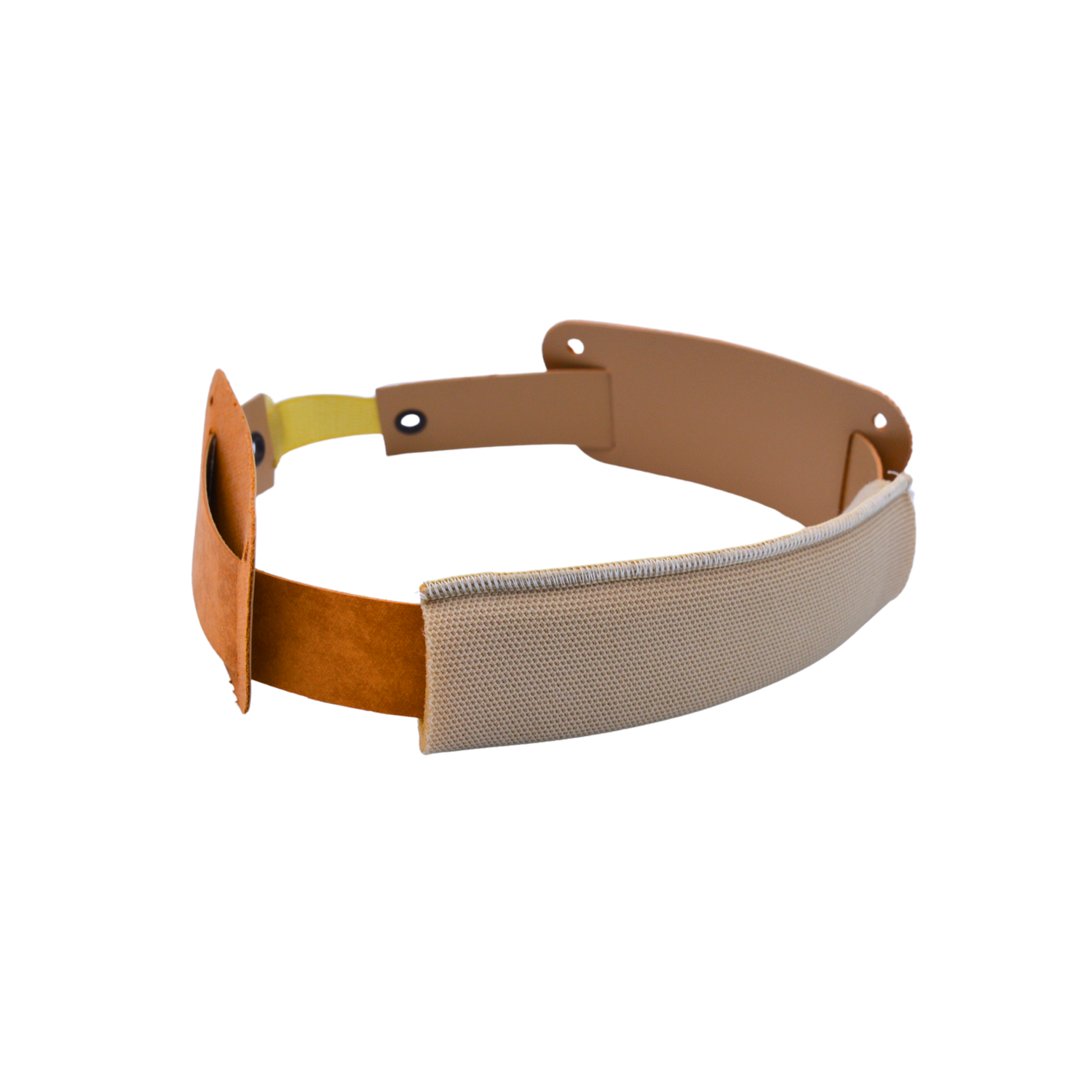 Brown helmet band with beige sweatband on a white background