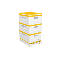 Three-story HiveIQ kit that includes three supers, a top, a metal queen exlcuder, and a bottom on a white background